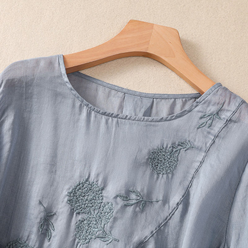 Damen-Baumwoll-Leinen-Shirt mit halben Ärmeln und Buddha Stones -Stickerei, Blumenmuster und Rundhalsausschnitt. - image 2