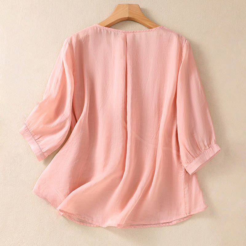 Damen-Baumwoll-Leinen-Shirt mit halben Ärmeln und Buddha Stones -Stickerei, Blumenmuster und Rundhalsausschnitt. - image 15