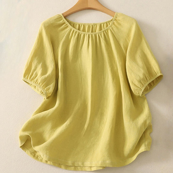 Buddha Stones Lässiges Sommer-T-Shirt aus einfarbiger Baumwolle mit Rundhalsausschnitt für Damen, kurzärmelig