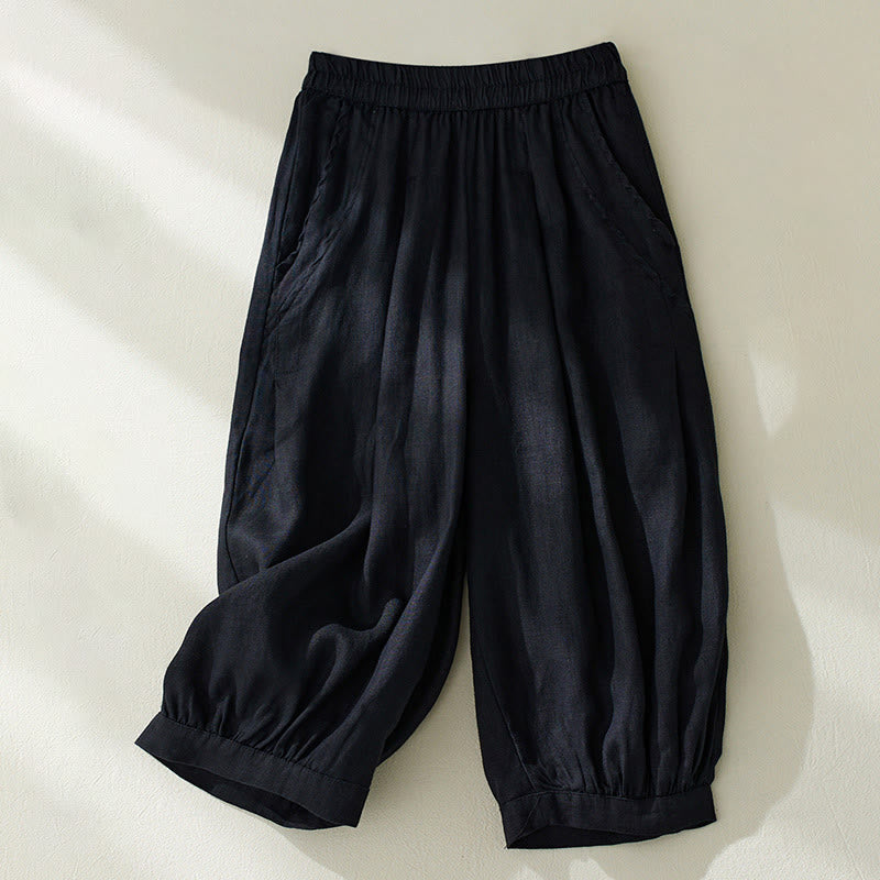 Buddha Stones Commute Pure Color High Waist Damen Haremshose aus Baumwolle und Leinen mit Taschen