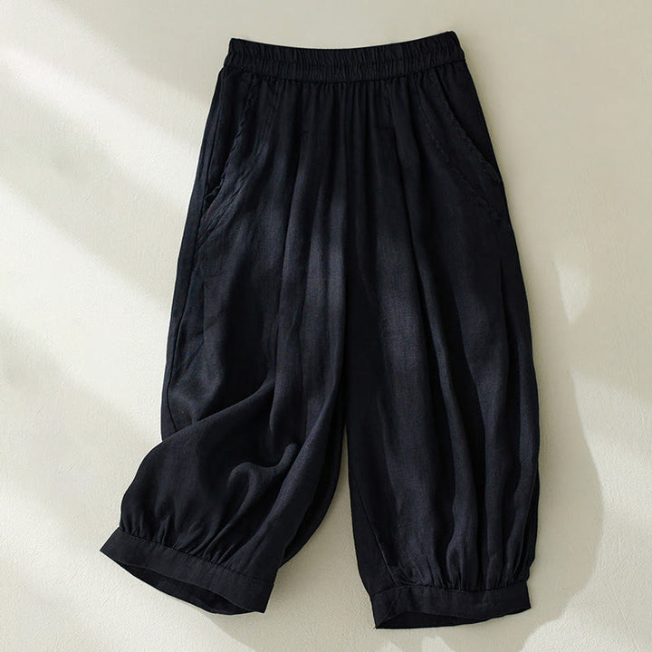 Buddha Stones Commute Pure Color High Waist Damen Haremshose aus Baumwolle und Leinen mit Taschen