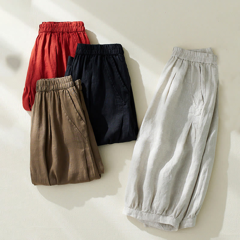 Buddha Stones Commute Pure Color High Waist Damen Haremshose aus Baumwolle und Leinen mit Taschen - image 23