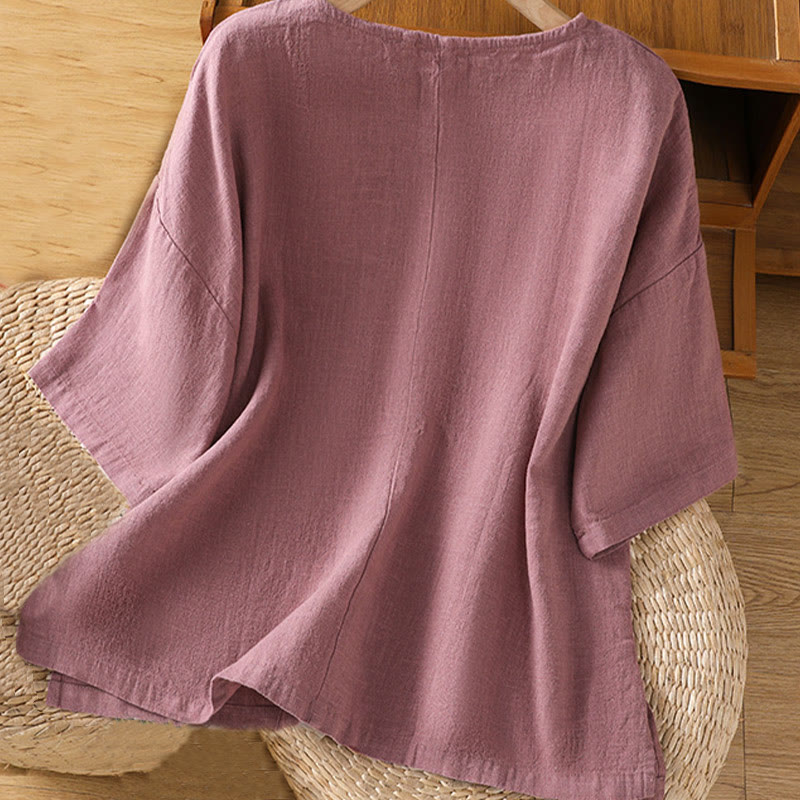 Buddha Stones Lässiges Sommer-T-Shirt aus einfarbigem Rundhalsausschnitt für Damen aus Baumwolle mit kurzen Ärmeln - image 1