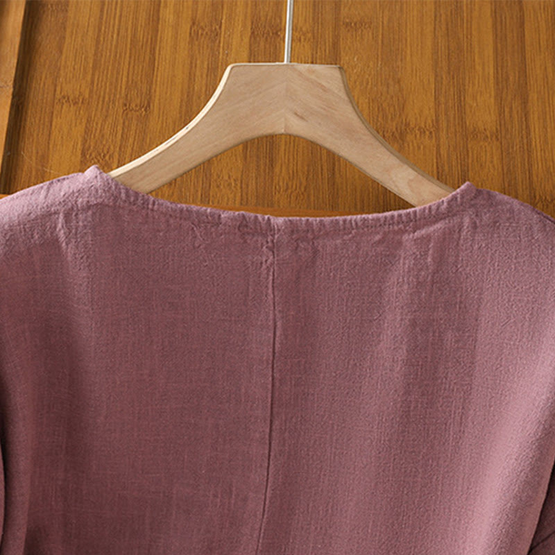 Buddha Stones Lässiges Sommer-T-Shirt aus einfarbigem Rundhalsausschnitt für Damen aus Baumwolle mit kurzen Ärmeln - image 3