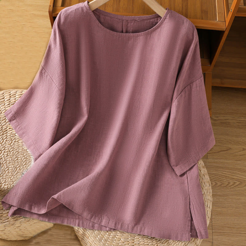 Buddha Stones Lässiges Sommer-T-Shirt aus einfarbigem Rundhalsausschnitt für Damen aus Baumwolle mit kurzen Ärmeln - BlassViolettRot - US14， UK/AU18，EU46 (2XL) - image 0