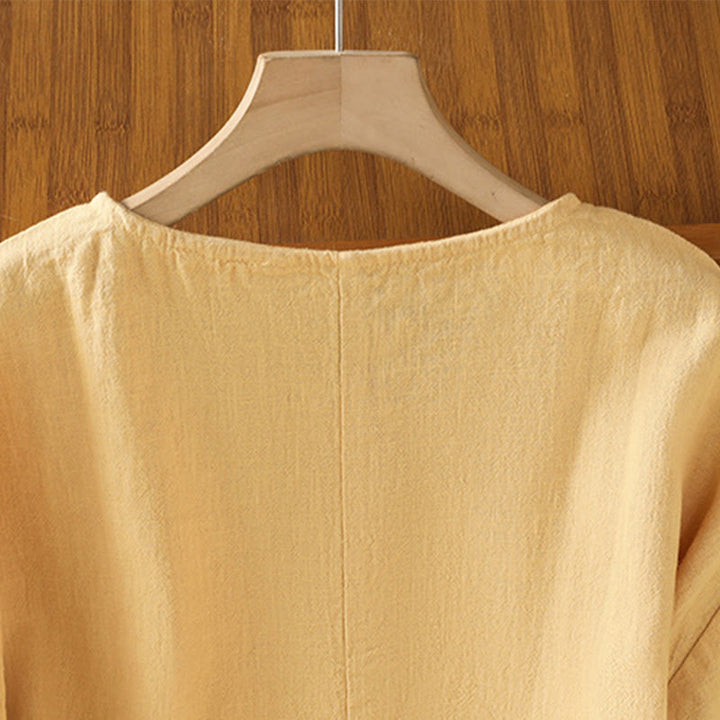 Buddha Stones Lässiges Sommer-T-Shirt aus einfarbigem Rundhalsausschnitt für Damen aus Baumwolle mit kurzen Ärmeln - image 11