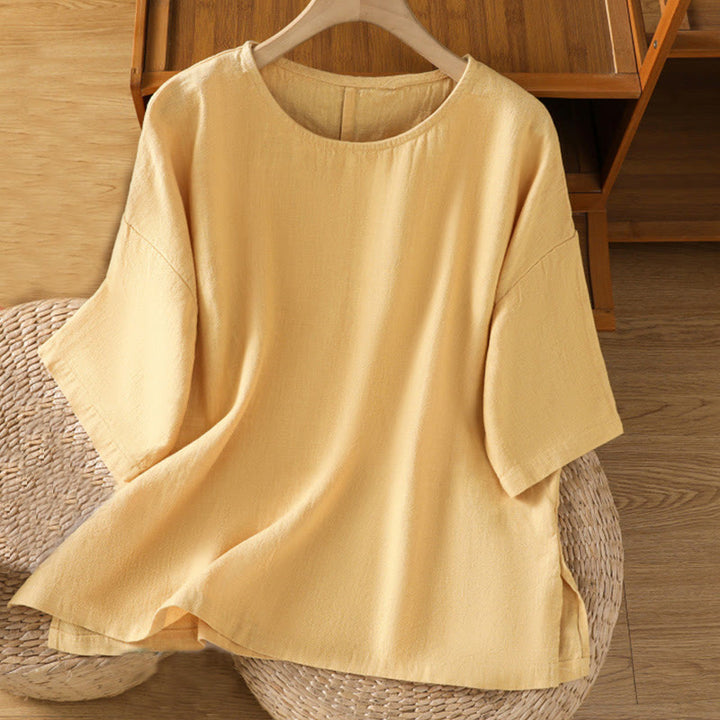 Buddha Stones Lässiges Sommer-T-Shirt aus einfarbigem Rundhalsausschnitt für Damen aus Baumwolle mit kurzen Ärmeln - Khaki - US14， UK/AU18，EU46 (2XL) - image 8