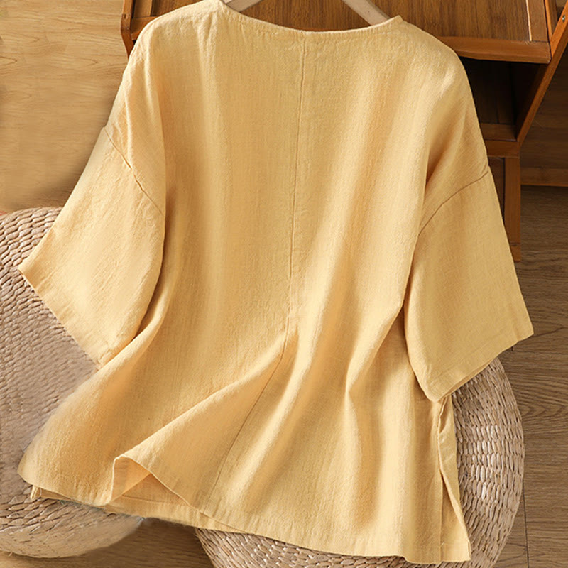 Buddha Stones Lässiges Sommer-T-Shirt aus einfarbigem Rundhalsausschnitt für Damen aus Baumwolle mit kurzen Ärmeln - image 9