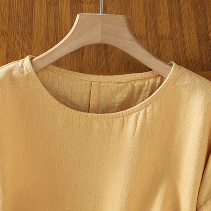 Buddha Stones Lässiges Sommer-T-Shirt aus einfarbigem Rundhalsausschnitt für Damen aus Baumwolle mit kurzen Ärmeln - image 10