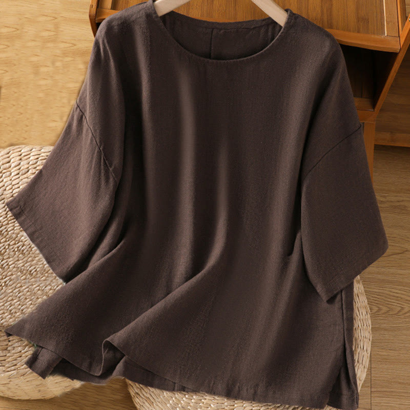 Buddha Stones Lässiges Sommer-T-Shirt aus einfarbigem Rundhalsausschnitt für Damen aus Baumwolle mit kurzen Ärmeln - Sattelbraun - US14， UK/AU18，EU46 (2XL) - image 14