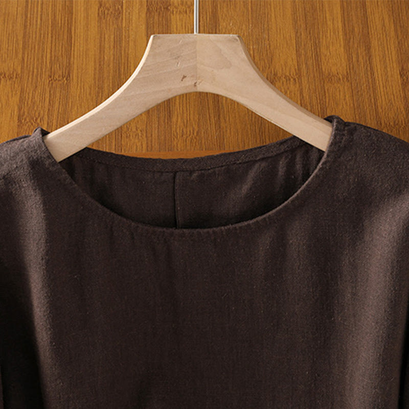 Buddha Stones Lässiges Sommer-T-Shirt aus einfarbigem Rundhalsausschnitt für Damen aus Baumwolle mit kurzen Ärmeln - image 17