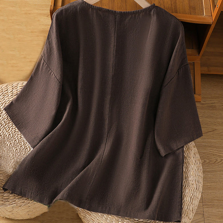 Buddha Stones Lässiges Sommer-T-Shirt aus einfarbigem Rundhalsausschnitt für Damen aus Baumwolle mit kurzen Ärmeln - image 15