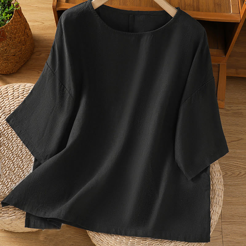Buddha Stones Lässiges Sommer-T-Shirt aus einfarbigem Rundhalsausschnitt für Damen aus Baumwolle mit kurzen Ärmeln - Schwarz - US14， UK/AU18，EU46 (2XL) - image 20