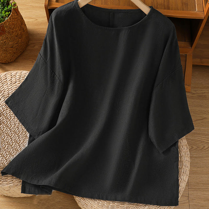 Buddha Stones Lässiges Sommer-T-Shirt aus einfarbigem Rundhalsausschnitt für Damen aus Baumwolle mit kurzen Ärmeln - Schwarz - US14， UK/AU18，EU46 (2XL) - image 20