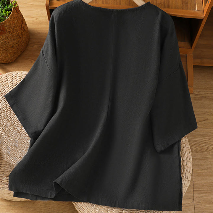 Buddha Stones Lässiges Sommer-T-Shirt aus einfarbigem Rundhalsausschnitt für Damen aus Baumwolle mit kurzen Ärmeln - image 21