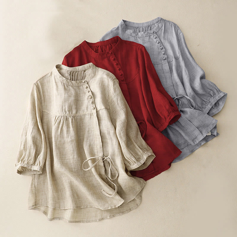 Buddha Stones Schnürknöpfe Design Damen Baumwoll-Leinen-Hemd mit Dreiviertelärmeln - image 1