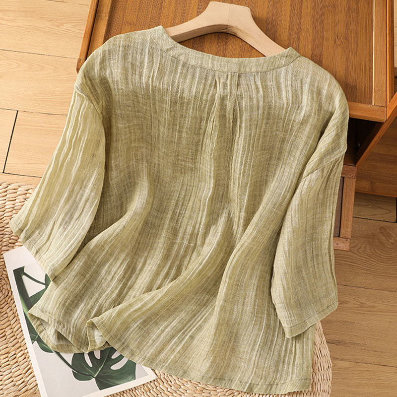 Buddha Stones Lässiges Sommer-T-Shirt aus einfarbigem Rundhalsausschnitt für Damen aus Baumwolle und Leinen mit Dreiviertelärmeln - image 1