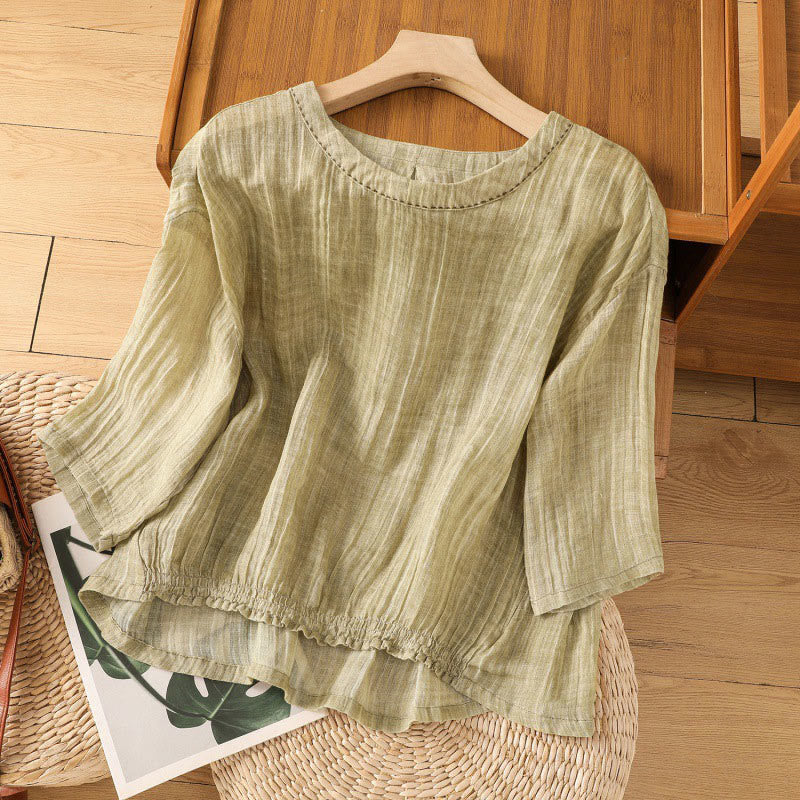 Buddha Stones Lässiges Sommer-T-Shirt aus einfarbigem Rundhalsausschnitt für Damen aus Baumwolle und Leinen mit Dreiviertelärmeln - DunkelKhaki - US14， UK/AU18，EU46 (2XL) - image 0