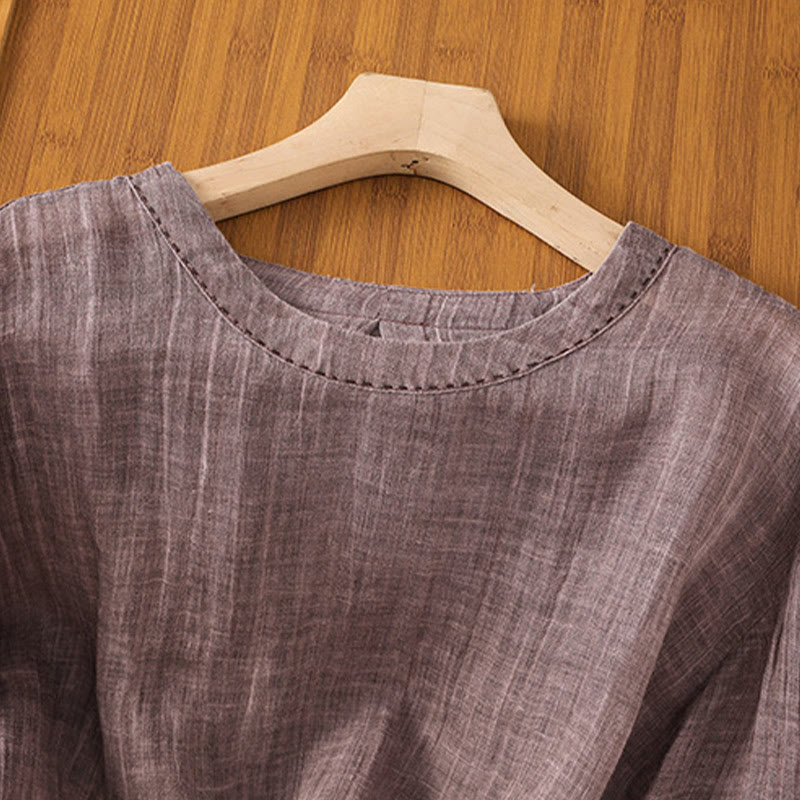 Buddha Stones Lässiges Sommer-T-Shirt aus einfarbigem Rundhalsausschnitt für Damen aus Baumwolle und Leinen mit Dreiviertelärmeln - image 11
