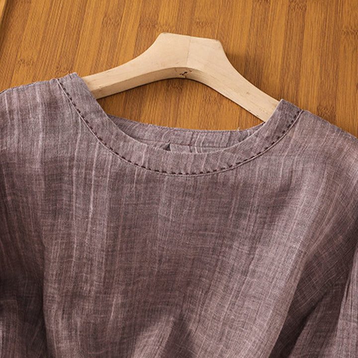 Buddha Stones Lässiges Sommer-T-Shirt aus einfarbigem Rundhalsausschnitt für Damen aus Baumwolle und Leinen mit Dreiviertelärmeln - image 11
