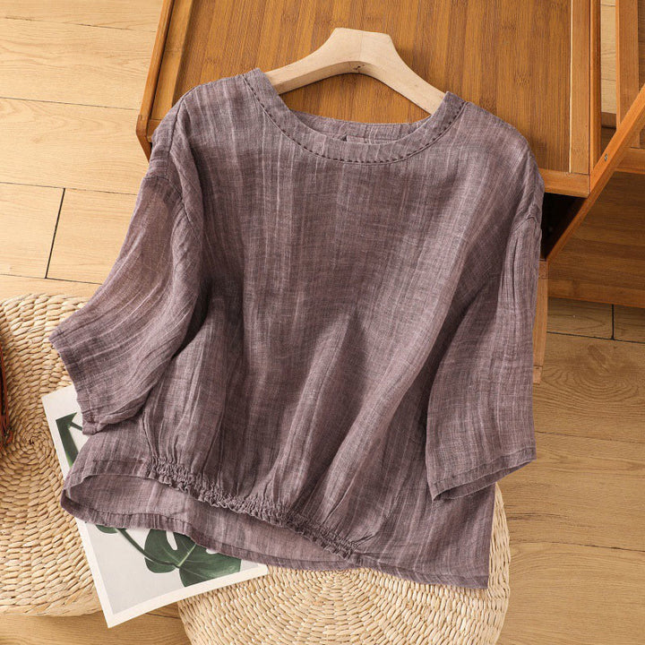 Buddha Stones Lässiges Sommer-T-Shirt aus einfarbigem Rundhalsausschnitt für Damen aus Baumwolle und Leinen mit Dreiviertelärmeln - Mittelgroße Orchidee - US14， UK/AU18，EU46 (2XL) - image 8