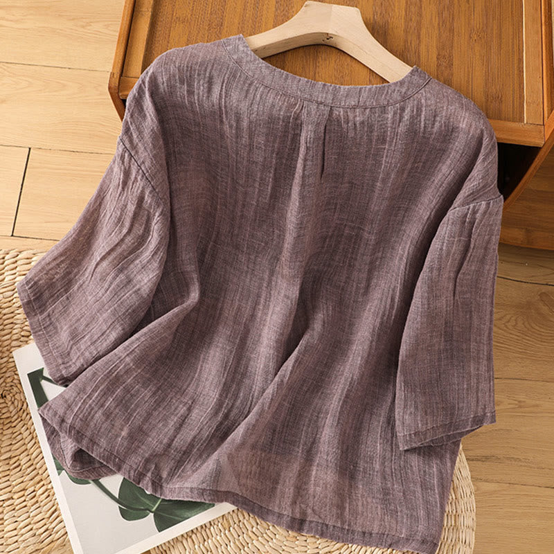 Buddha Stones Lässiges Sommer-T-Shirt aus einfarbigem Rundhalsausschnitt für Damen aus Baumwolle und Leinen mit Dreiviertelärmeln - image 9