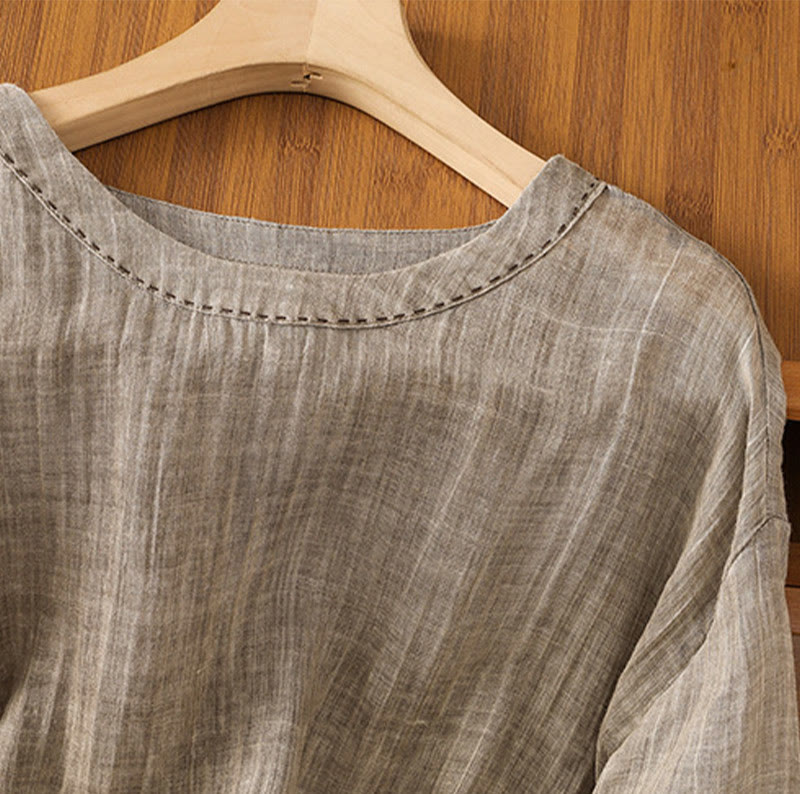 Buddha Stones Lässiges Sommer-T-Shirt aus einfarbigem Rundhalsausschnitt für Damen aus Baumwolle und Leinen mit Dreiviertelärmeln - image 19