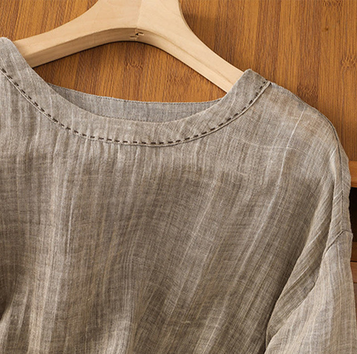 Buddha Stones Lässiges Sommer-T-Shirt aus einfarbigem Rundhalsausschnitt für Damen aus Baumwolle und Leinen mit Dreiviertelärmeln - image 19