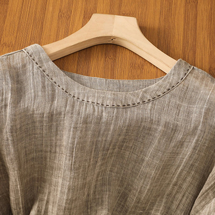 Buddha Stones Lässiges Sommer-T-Shirt aus einfarbigem Rundhalsausschnitt für Damen aus Baumwolle und Leinen mit Dreiviertelärmeln - image 18