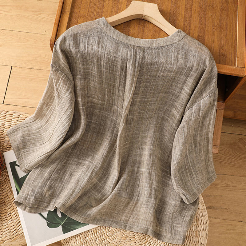 Buddha Stones Lässiges Sommer-T-Shirt aus einfarbigem Rundhalsausschnitt für Damen aus Baumwolle und Leinen mit Dreiviertelärmeln - image 17