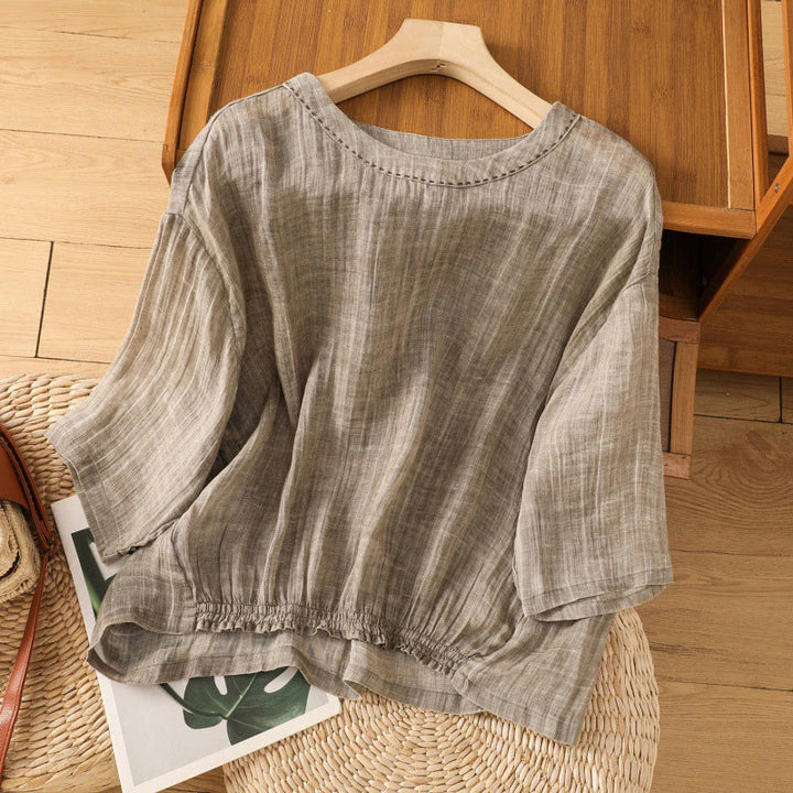 Buddha Stones Lässiges Sommer-T-Shirt aus einfarbigem Rundhalsausschnitt für Damen aus Baumwolle und Leinen mit Dreiviertelärmeln - Bräunen - US14， UK/AU18，EU46 (2XL) - image 16