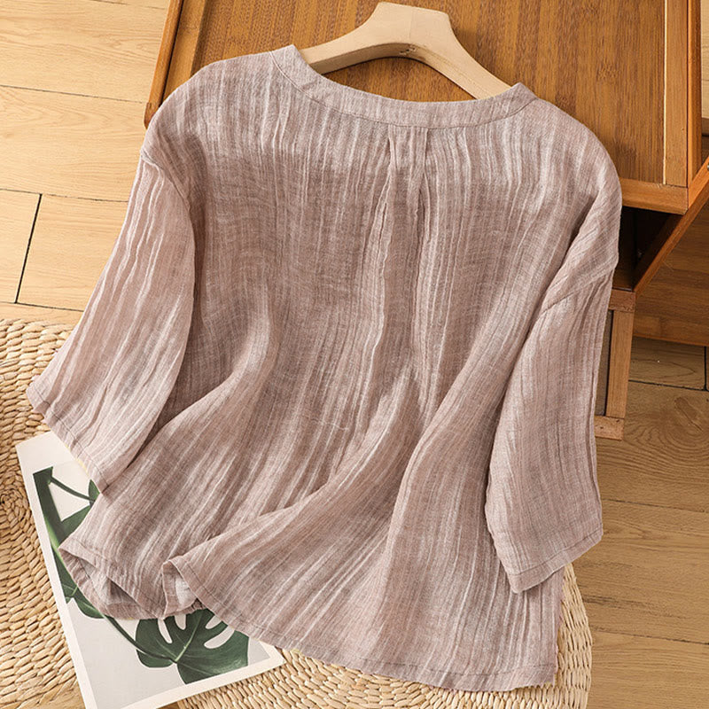 Buddha Stones Lässiges Sommer-T-Shirt aus einfarbigem Rundhalsausschnitt für Damen aus Baumwolle und Leinen mit Dreiviertelärmeln - Distel - US14， UK/AU18，EU46 (2XL) - image 24