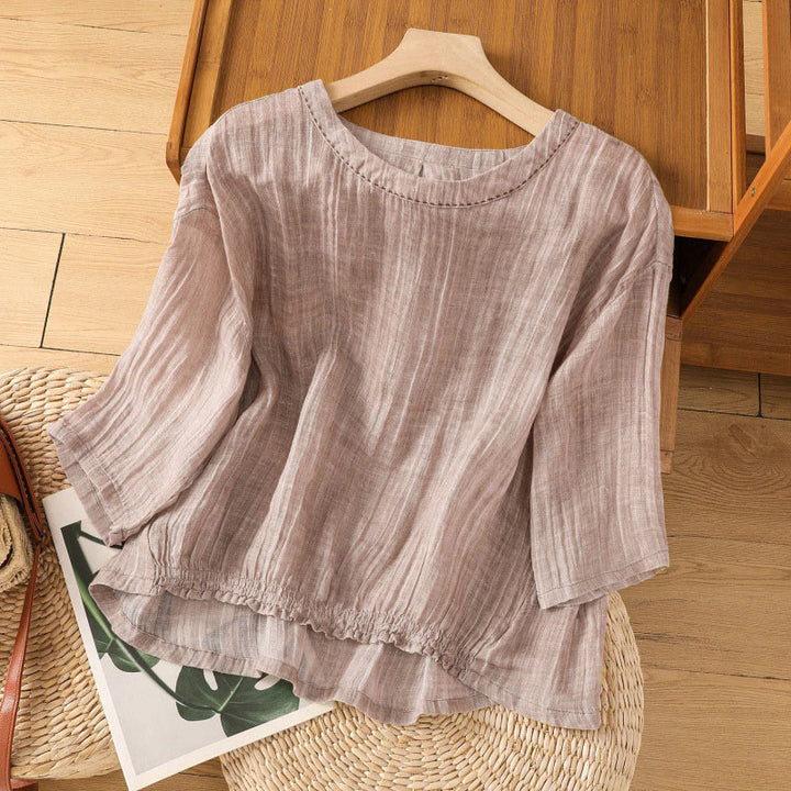 Buddha Stones Lässiges Sommer-T-Shirt aus einfarbigem Rundhalsausschnitt für Damen aus Baumwolle und Leinen mit Dreiviertelärmeln - image 25