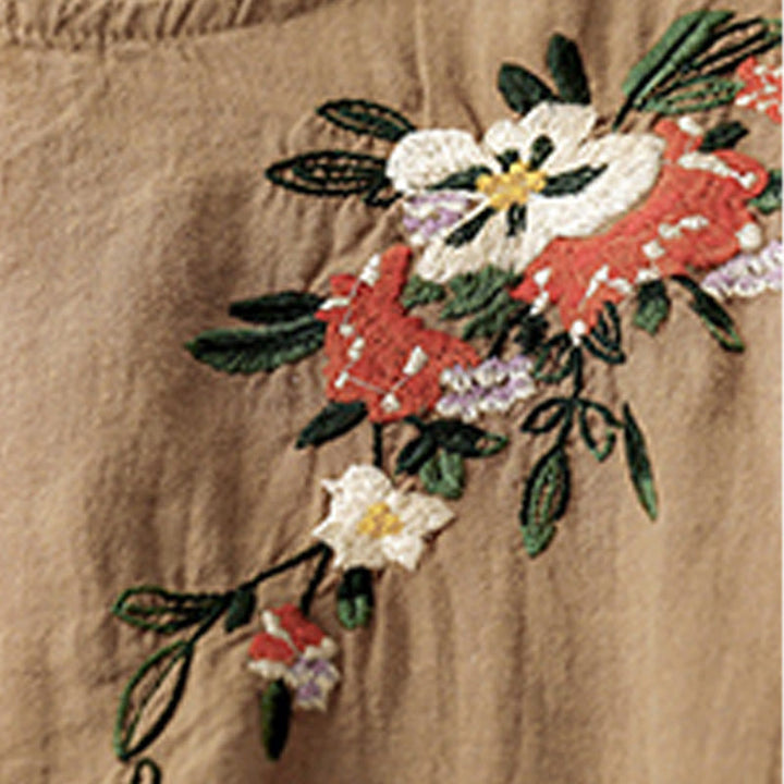 Buddha Stones Lässiges Sommer-T-Shirt aus Baumwolle mit Stickerei und Rundhalsausschnitt für Damen, kurzärmelig