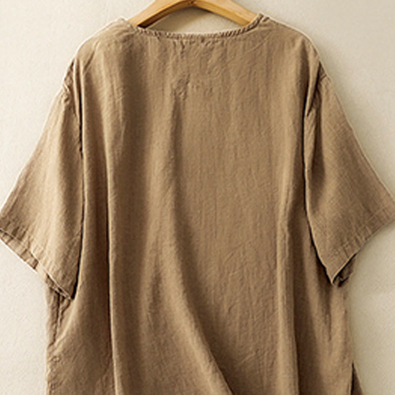 Buddha Stones Lässiges Sommer-T-Shirt aus Baumwolle mit Stickerei und Rundhalsausschnitt für Damen, kurzärmelig