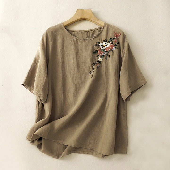 Buddha Stones Lässiges Sommer-T-Shirt aus Baumwolle mit Stickerei und Rundhalsausschnitt für Damen, kurzärmelig