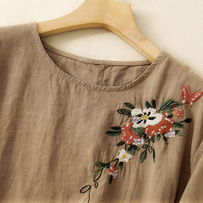 Buddha Stones Lässiges Sommer-T-Shirt aus Baumwolle mit Stickerei und Rundhalsausschnitt für Damen, kurzärmelig