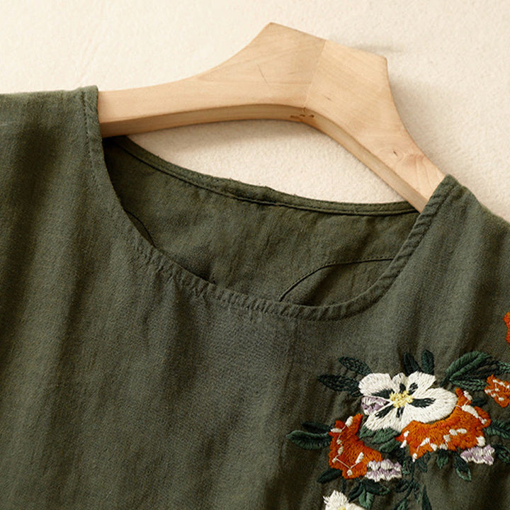 Buddha Stones Lässiges Sommer-T-Shirt aus Baumwolle mit Stickerei und Rundhalsausschnitt für Damen, kurzärmelig