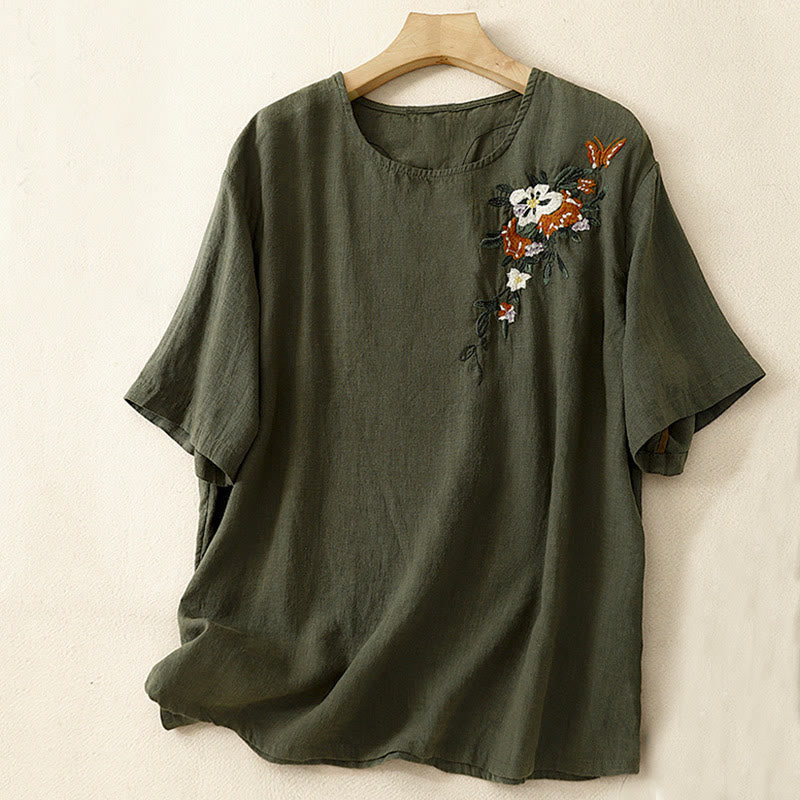 Buddha Stones Lässiges Sommer-T-Shirt aus Baumwolle mit Stickerei und Rundhalsausschnitt für Damen, kurzärmelig