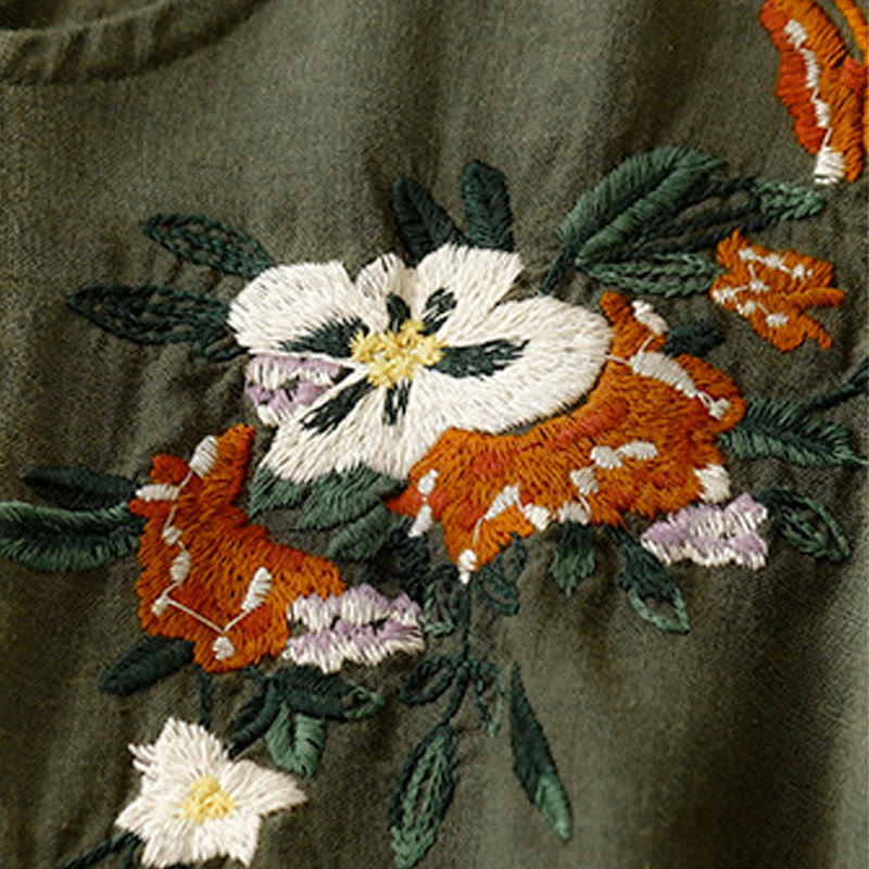 Buddha Stones Lässiges Sommer-T-Shirt aus Baumwolle mit Stickerei und Rundhalsausschnitt für Damen, kurzärmelig