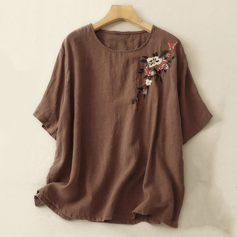 Buddha Stones Lässiges Sommer-T-Shirt aus Baumwolle mit Stickerei und Rundhalsausschnitt für Damen, kurzärmelig