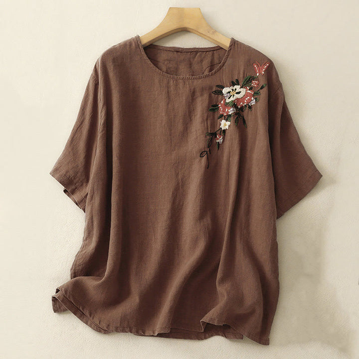 Buddha Stones Lässiges Sommer-T-Shirt aus Baumwolle mit Stickerei und Rundhalsausschnitt für Damen, kurzärmelig