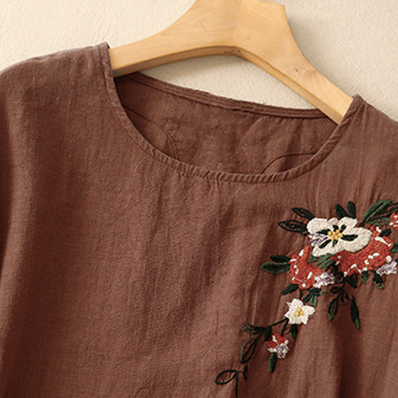 Buddha Stones Lässiges Sommer-T-Shirt aus Baumwolle mit Stickerei und Rundhalsausschnitt für Damen, kurzärmelig