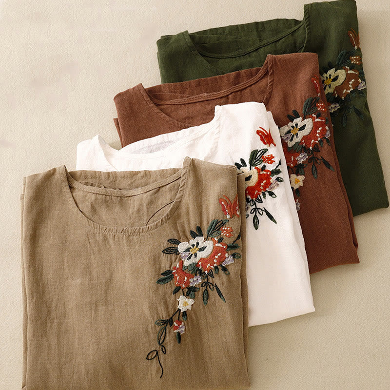 Buddha Stones Lässiges Sommer-T-Shirt aus Baumwolle mit Stickerei und Rundhalsausschnitt für Damen, kurzärmelig - image 29