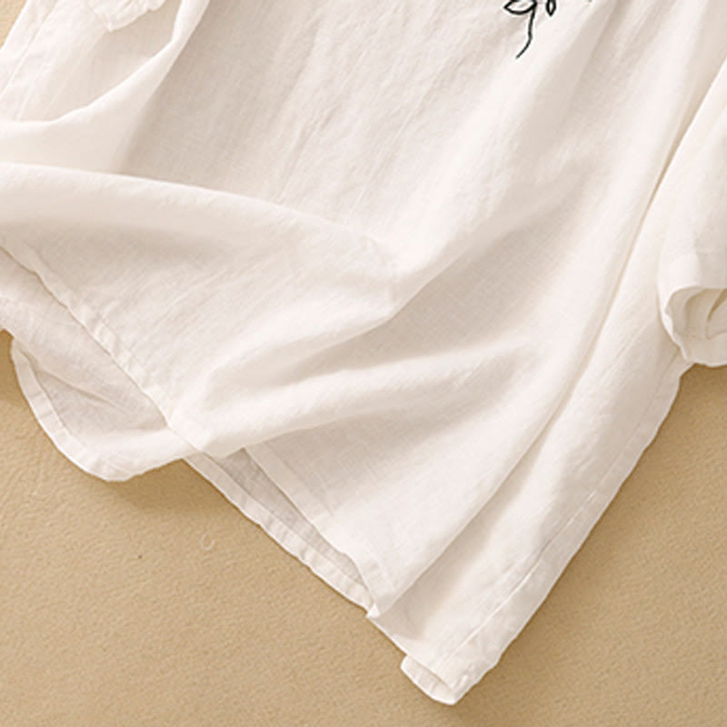 Buddha Stones Lässiges Sommer-T-Shirt aus Baumwolle mit Stickerei und Rundhalsausschnitt für Damen, kurzärmelig