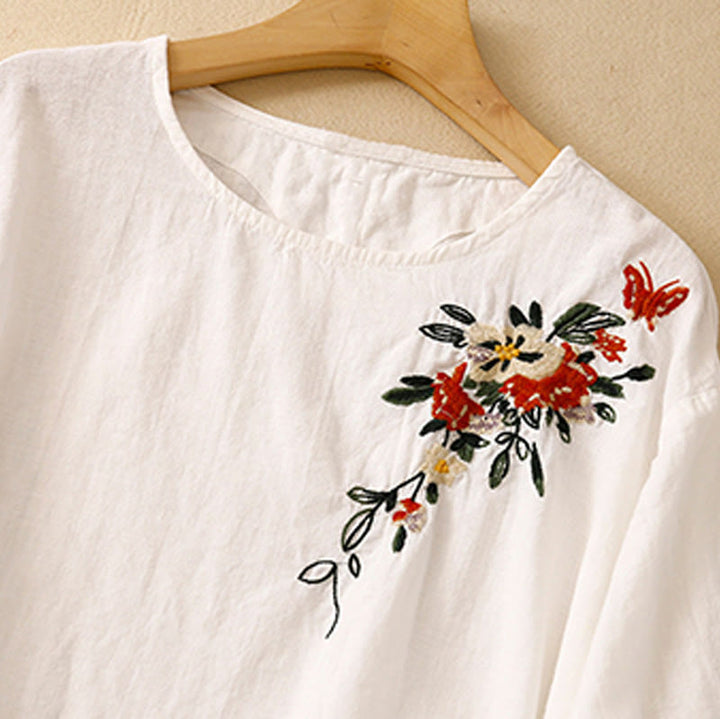 Buddha Stones Lässiges Sommer-T-Shirt aus Baumwolle mit Stickerei und Rundhalsausschnitt für Damen, kurzärmelig