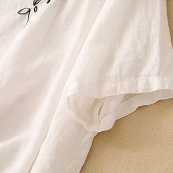 Buddha Stones Lässiges Sommer-T-Shirt aus Baumwolle mit Stickerei und Rundhalsausschnitt für Damen, kurzärmelig
