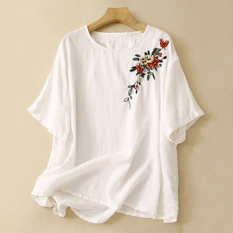 Buddha Stones Lässiges Sommer-T-Shirt aus Baumwolle mit Stickerei und Rundhalsausschnitt für Damen, kurzärmelig