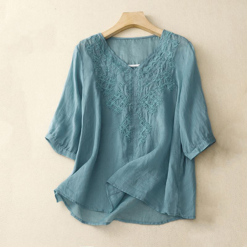 Buddha Stones V-Ausschnitt Linien Stickerei Damen Baumwolle Leinen Halbarm Shirt