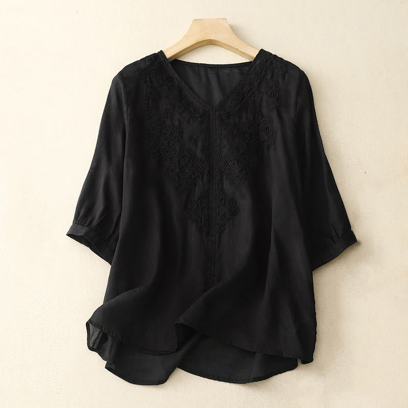 Buddha Stones V-Ausschnitt Linien Stickerei Damen Baumwolle Leinen Halbarm Shirt